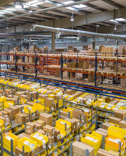 Large warehouse with stocked shelving and packed boxes